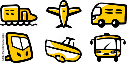 Collection of six yellow transportation vector icons in a 3x2 grid, featuring diverse modes of travel like trains, planes, buses, and boats, ideal for web and graphic design
