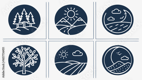 431_six-vector-icons-arranged-in-grid--each-depicting-iconography-of-nature-elements-such-as-forests-mountains-sun-clouds-and-moonlight.svg