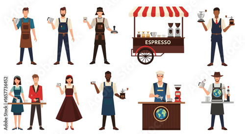 Diverse Set of Baristas and Coffee Shop Elements People, Equipment, and Cart in Vector Illustration