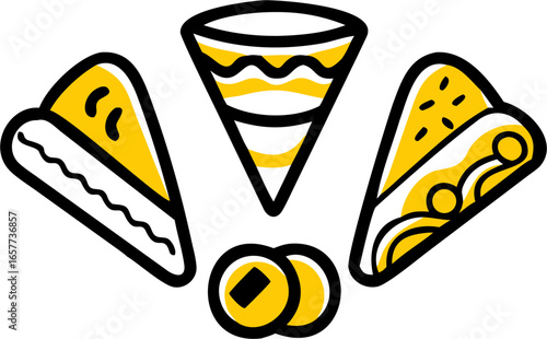 Creative vector set of popular food icons in a vibrant yellow and black outline style, showcasing delicious snacks and treats for culinary design projects.