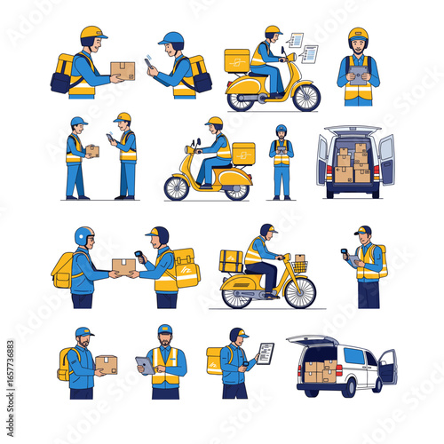 Set of delivery service illustrations showing a courier with parcels, a shipping van, and a scooter. Concept of logistics and express shipping.