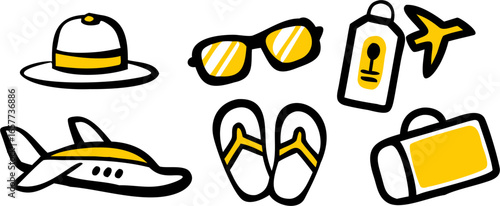Vector icons of six holiday travel essentials hat, sunglasses, sunscreen, airplane, flip-flops, and a bag. Ideal for summer vacation and adventure trips.