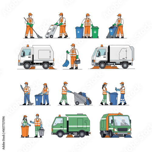 City Sanitation and Waste Management Services Concept. A vector collection of garbage collectors, janitors, and street sweepers with their equipment.