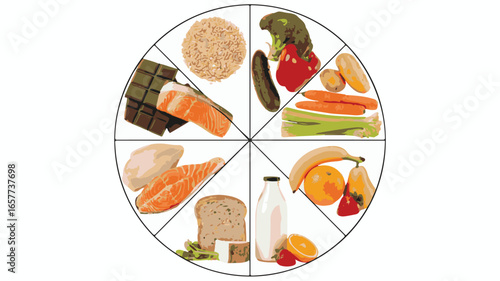 Healthy Food Choices Presented in a Circular Diagram with Various Food Items Keywords: food groups, healthy eating, nutrition, diet, balanced diet, food chart, meal plan
