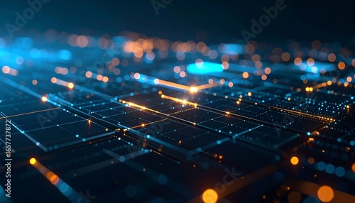 Abstract futuristic background with glowing blue and orange data streams on a digital circuit board.
