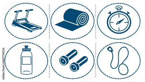 Collection of fitness-related vector icons, including treadmill, yoga mat, stopwatch, water bottle, dumbbells, and jump rope, designed for exercise and wellness