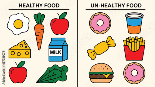 Healthy vs Unhealthy Food Comparison with Cartoon Food Icons on Light Background diet nutrition