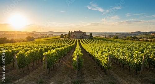 Wallpaper Mural Rolling vineyard with rows of grape vines leading to a villa at sunset. Golden hour light bathes the landscape Torontodigital.ca