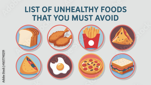 List of Unhealthy Foods to Avoid Illustrated in Circular Frames Against a Light Gray Background