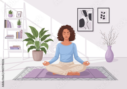 Peaceful Woman Meditating in a Sunlit Room A Serene Yoga Practice for Inner Calm and Wellness