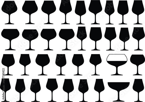 Diverse set of black vector wine glass silhouettes, various shapes and sizes for different beverages, isolated on a white background.