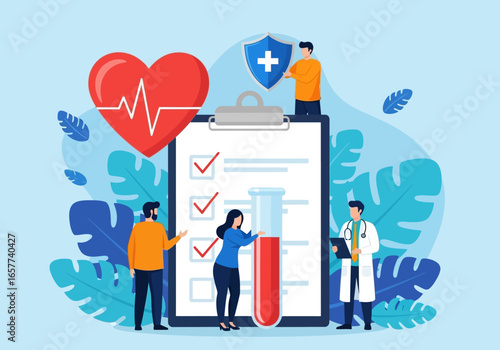 Concept of medical health checkup and health insurance with a doctor examining patients, showing diagnostics and protection.