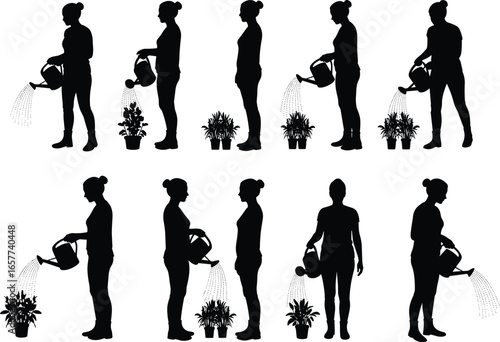 Set of vector black silhouettes of a person, a woman, watering plants in a garden, gardening hobby, on a white background.