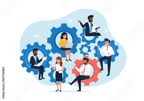 Collaborative Gears Teamwork Illustration with Interlocking Gears and Professionals