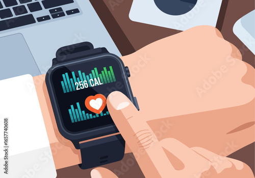 Wearable technology monitoring heart rate and calories burned on a smartwatch