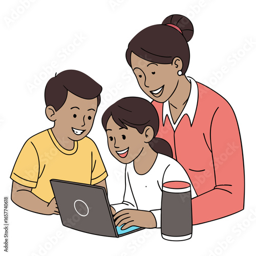 Vector art of a teacher and two students are using a laptop and smart speaker for learning