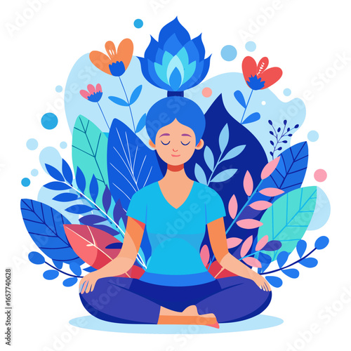 Vector art of a woman meditating in lotus position with flowers and leaves around her
