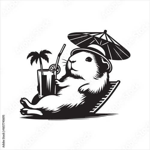 Guinea pig relaxing on a deck chair with a drink and umbrella rodent animal