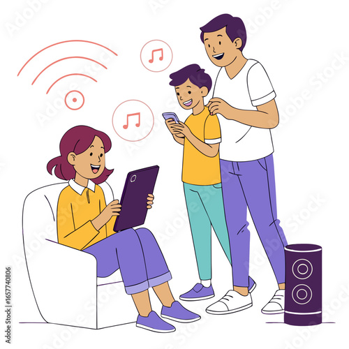 Vector art of happy family using smart technology at home, enjoying music and connecting with each other through digital devices