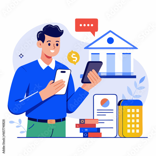Vector art of man using mobile banking application on his smartphone with bank building