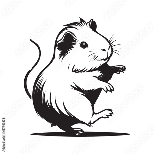Black and white illustration of a guinea pig standing on its hind legs with one paw raised rodent animal