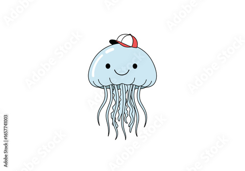 Cute blue jellyfish wearing a red and white baseball cap illustration adorable ocean creature artwork