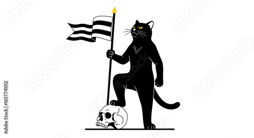 An illustration of a black cat standing on a skull holding a flag with a unique design