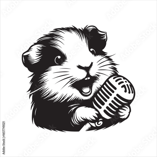 Close-up black and white illustration of a happy guinea pig holding a microphone rodent animal