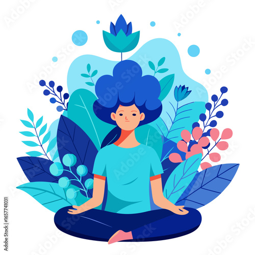 Vector art of woman in lotus position meditating surrounded by flowers for zen, yoga, and mindfulness