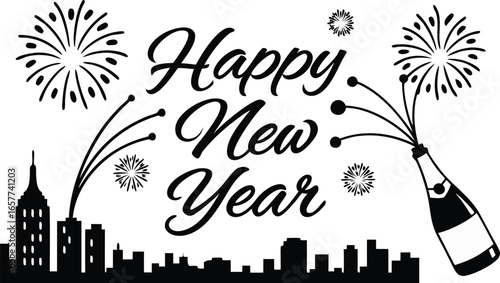 Happy new year text with fireworks stars swirls and party popper in black and white celebration design