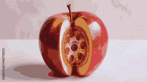 Red Apple with Pizza Slice Inside and " PIZA" Text food fruit