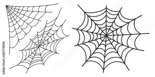 Spider web. Cobweb scary frames. Realistic arachnid net borders. Spooky Halloween background. Isolated gothic decorative elements set. Vector sticky tangled lines hanging in