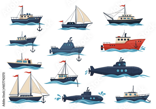 Collection of various maritime vessels sailing on wavy waters displaying nautical transportation diversity