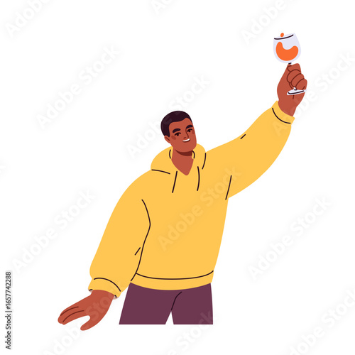 Black man holding drink in hand for holiday toast. Smiling person rising goblet, wine glass at party celebration. Male celebrating with wineglass. Flat vector illustration isolated on white background