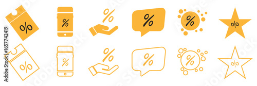 Discount and sale percentage icons set. Collection of yellow icons featuring percentage signs in tickets, speech bubbles, stars, and shopping symbols representing discounts and promotions.
