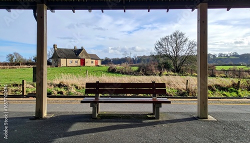 Empty bench on rural train platform, surrounded by quiet scenery