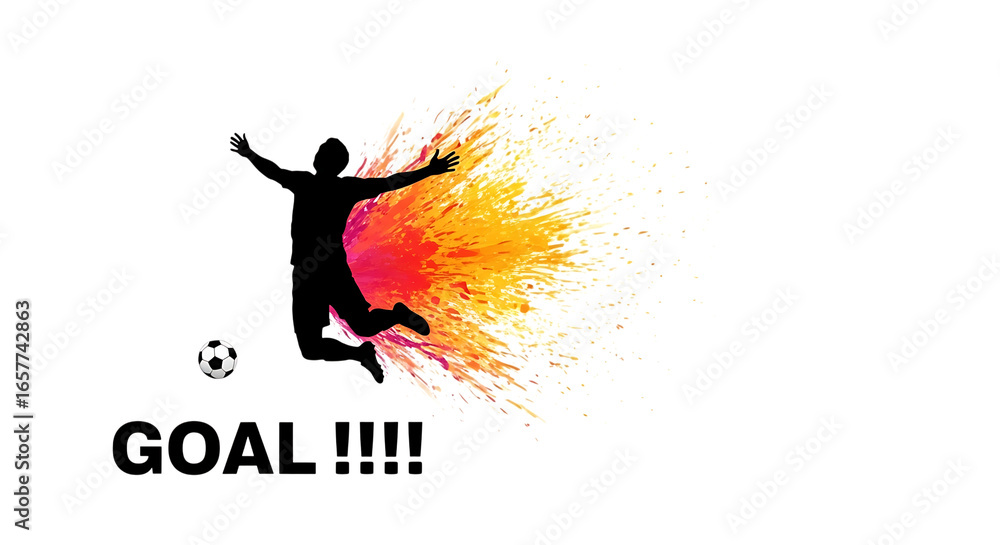 Naklejka premium A soccer player silhouette jumping in celebration of a goal with an explosion of color, isolated on transparent background, representing victory, success, and achievement in sport