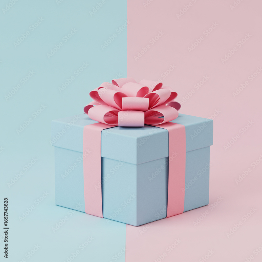 Obraz premium A light blue gift box with a pink ribbon and bow sits on a pastel blue and pink background, perfect for baby shower or gender reveal celebrations.