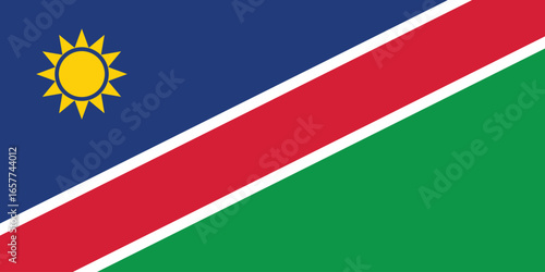 The national flag of namibia featuring a sun and diagonal stripes of color, simple flat design vector clipart, can use for travel or politics