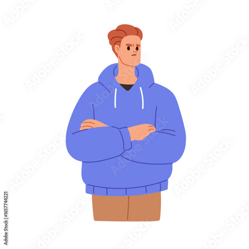 Man doubting, frowning skeptical suspicious face expression and arms crossed. Uncertain doubtful male suspecting, distrust and uncertainty emotion Flat vector illustration isolated on white background