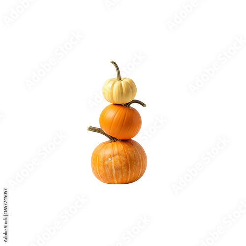 Stacked pumpkins on white background, vertical tower of three orange and cream autumn gourds, minimalist fall harvest decor for seasonal design