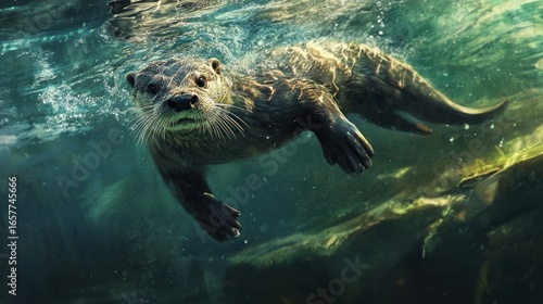 Underwater otter swimming towards the camera.