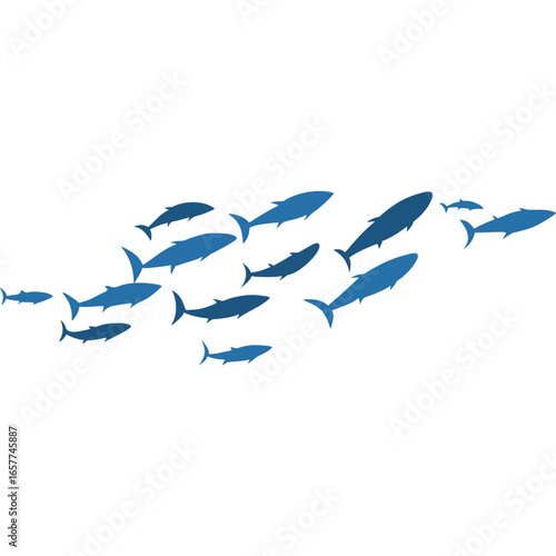 A school of blue fish swimming together in the ocean.