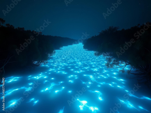 Rivière lumineuse magique de nuit avec eau bioluminescente bleue scintillante phénomène naturel féérique fascinant
