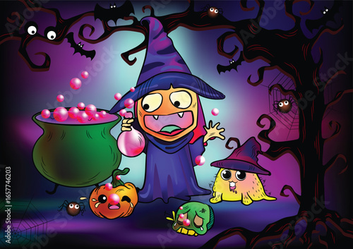 Halloween witch with poison and friends, Funny halloween cartoon.