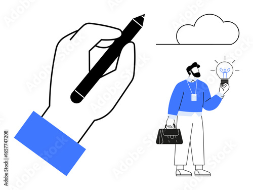 Hand sketching with pen alongside man holding bulb for ideas, creativity, problem-solving. Ideal for design, teamwork, innovation, productivity, resourcefulness, ambition simple flat metaphor
