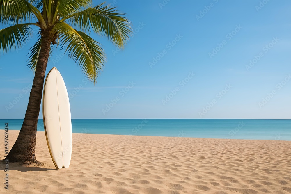 Obraz premium White Surfboard Leaning on Palm Tree at Tropical Beach