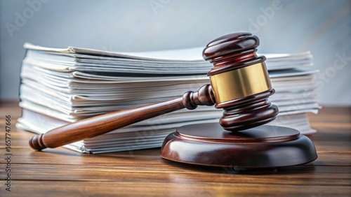 A polished wooden gavel rests atop a stack of legal documents, symbolizing authority in a courtroom setting. Wooden gavel on a wooden background