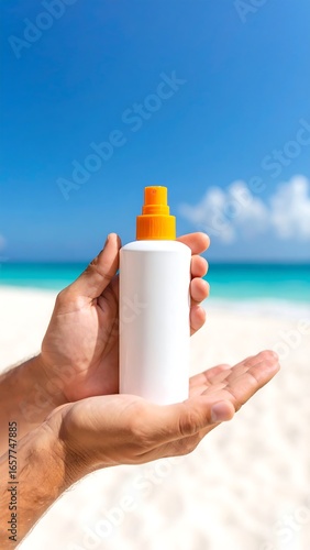 Sunscreen bottle held by hands on a beach