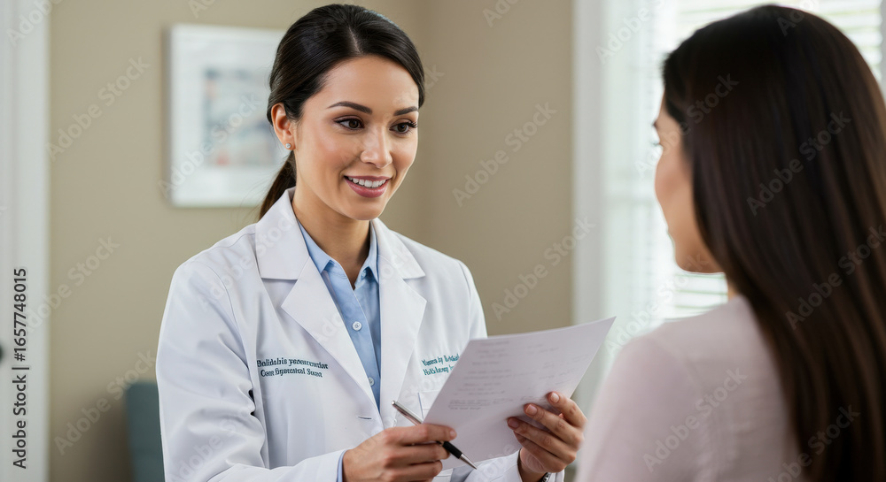 Fototapeta premium Smiling Female Doctor Holding Paper Consulting Patient.
